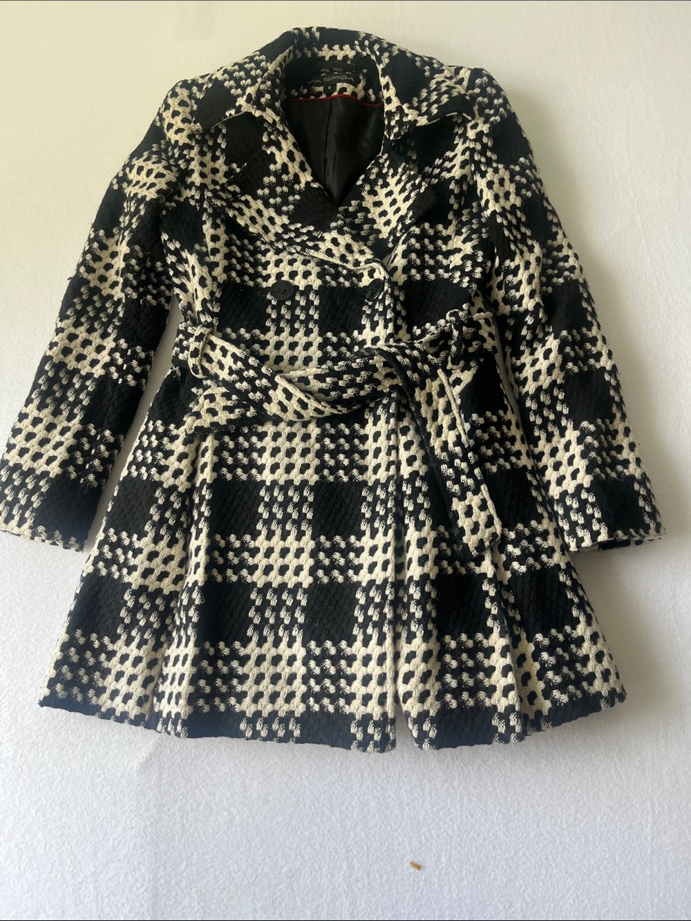 Via Spiga Black & Cream Plaid Belted Trench Coat